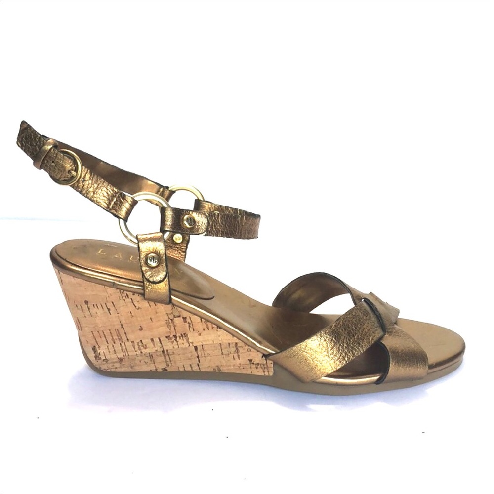 Lauren Ralph Lauren Bronze Ankle Strap Leather Upper Wedge Sandals size 7M